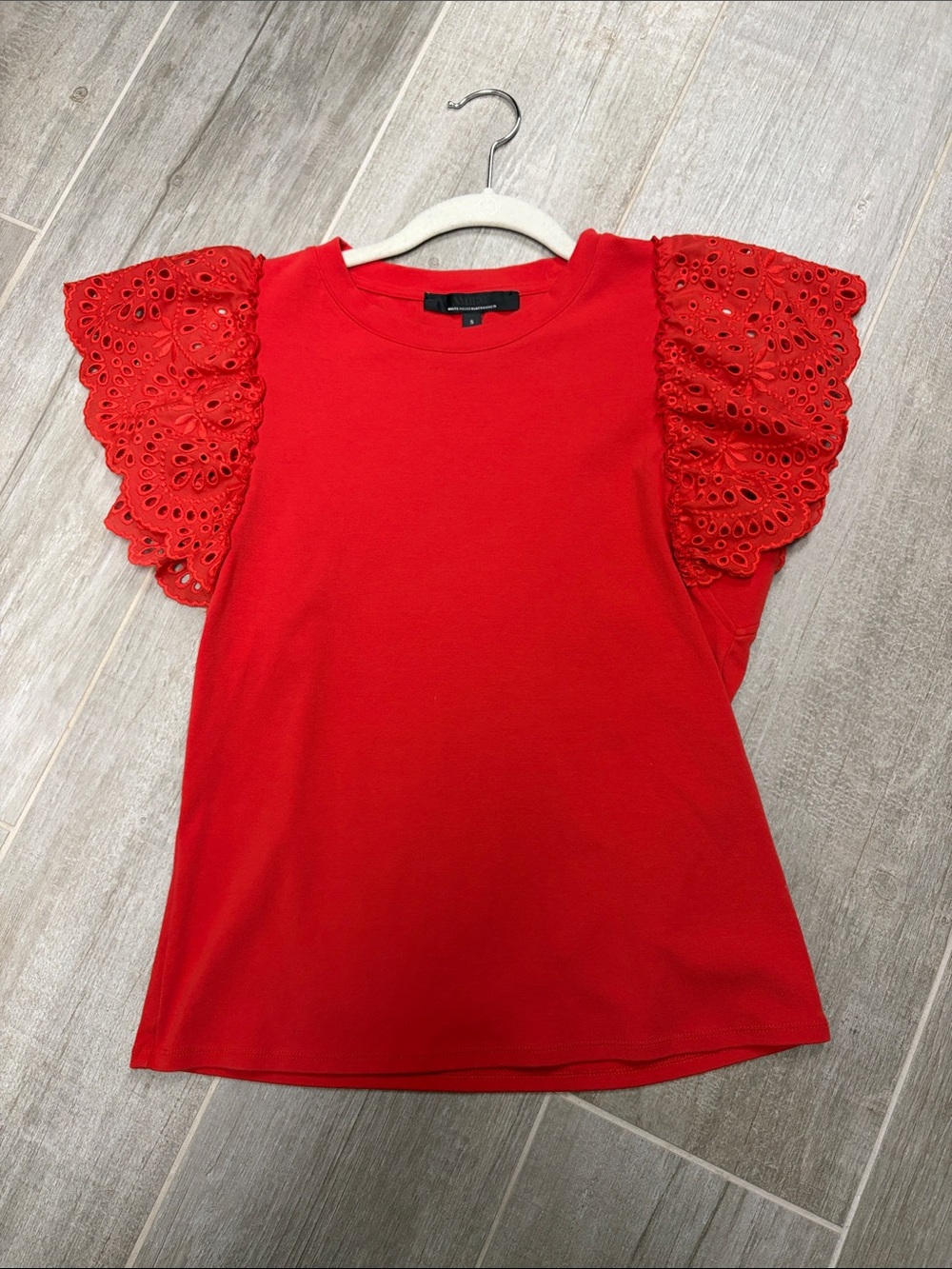 White House Black Market Red Eyelet Flutter Sleeve Tee